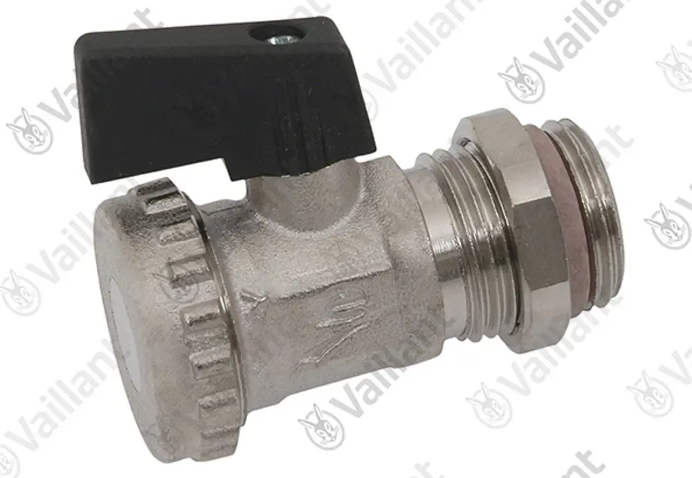 Vaillant Ventil mit schwarzem Hebel, metallischer Bauweise und Gewindeverbindung. Design für Einsatz in Heizungs- oder Wasserversorgungssystemen.